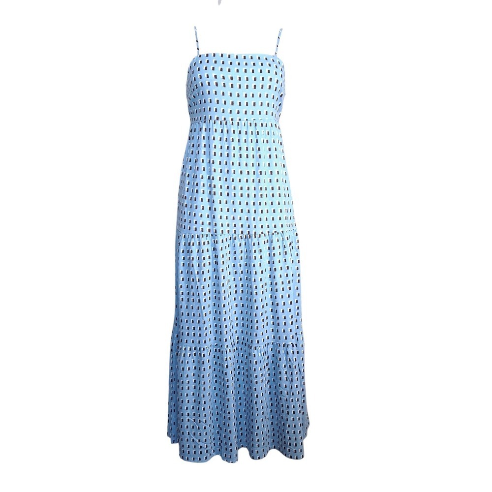Monteau Maxi Ruffle Dress Blue XS Sleeveless Summer Geometric Rectangle Printβ